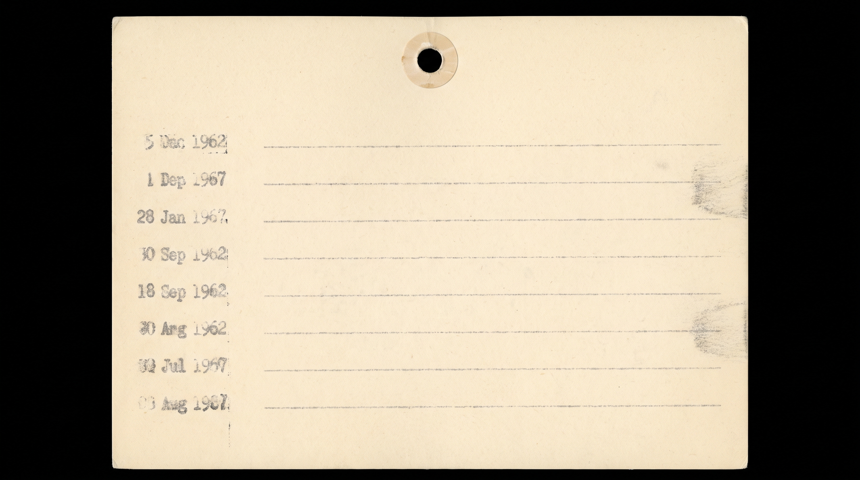 A logbook page listing archive intake dates in a clean, disciplined hand, ink faded but legible in outline only.