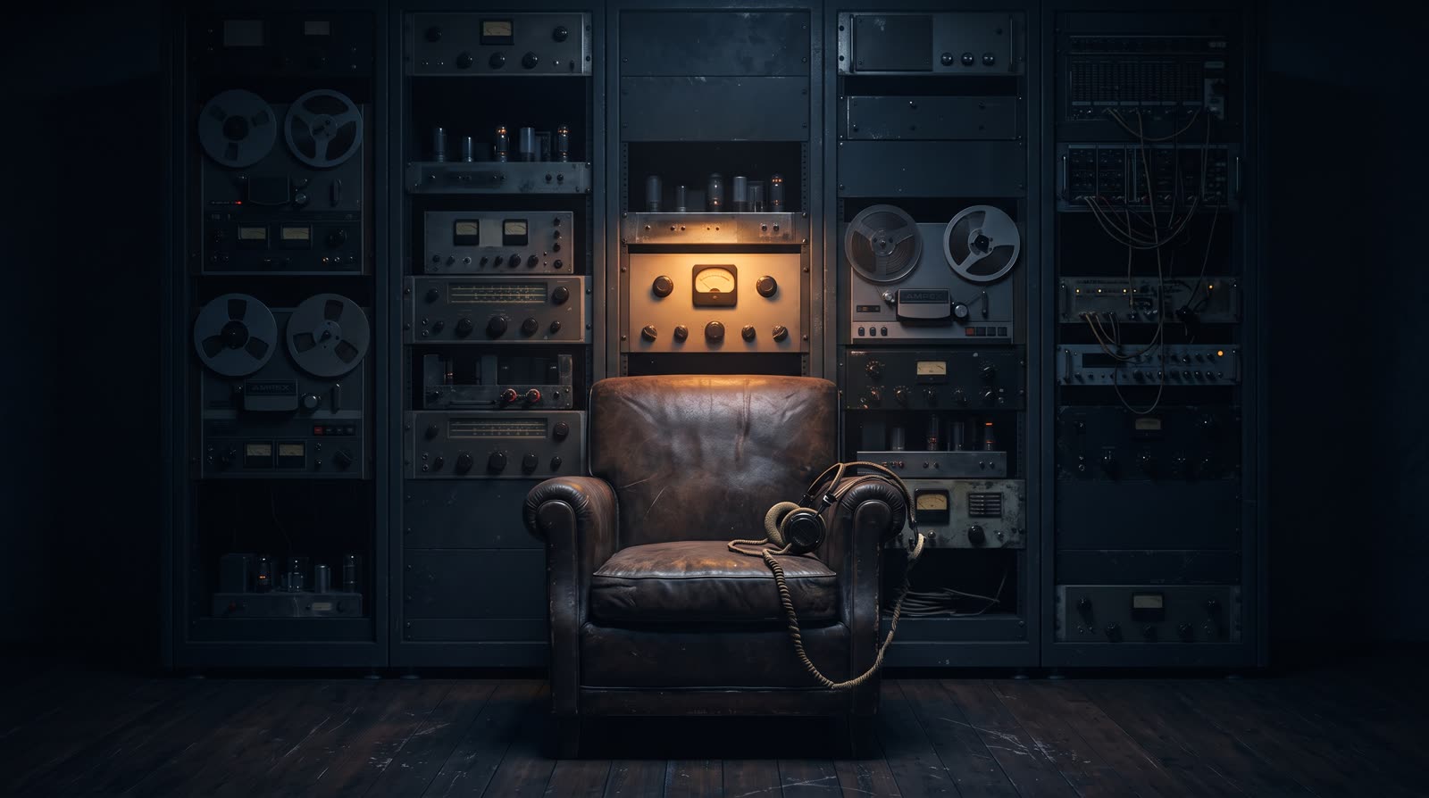 A private listening room lined with vintage receivers and reel-to-reel tape machines, a worn leather chair, headphones resting on the armrest, one amber VU meter glowing in the dark.