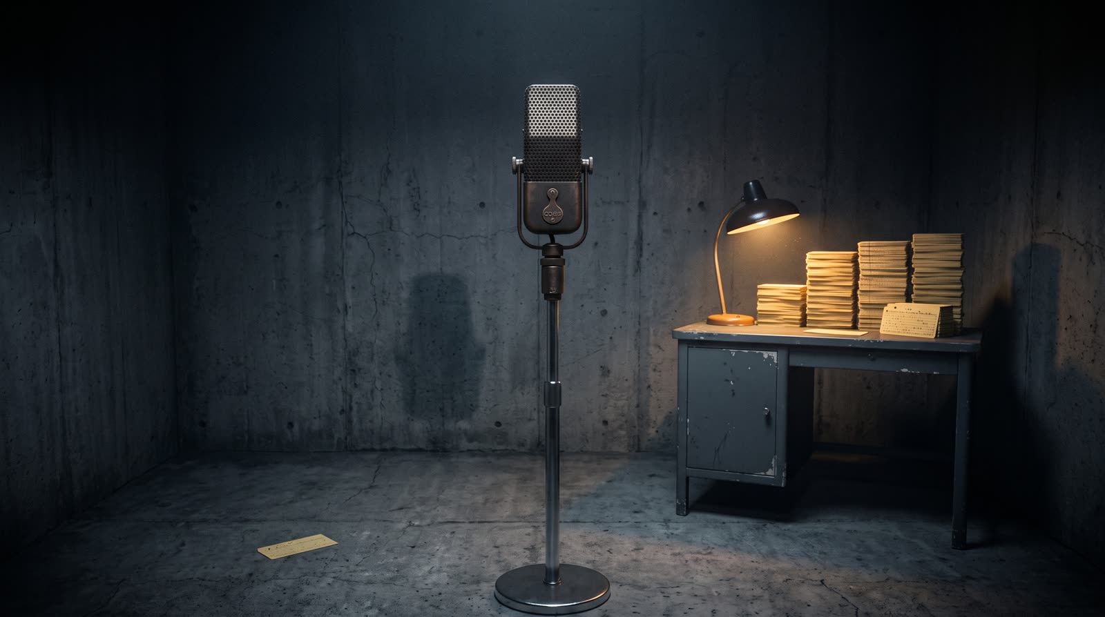 A bare concrete room holding only a ribbon microphone on a stand and a small metal desk stacked with punch cards, a harsh amber desk lamp, everything else lost to darkness.