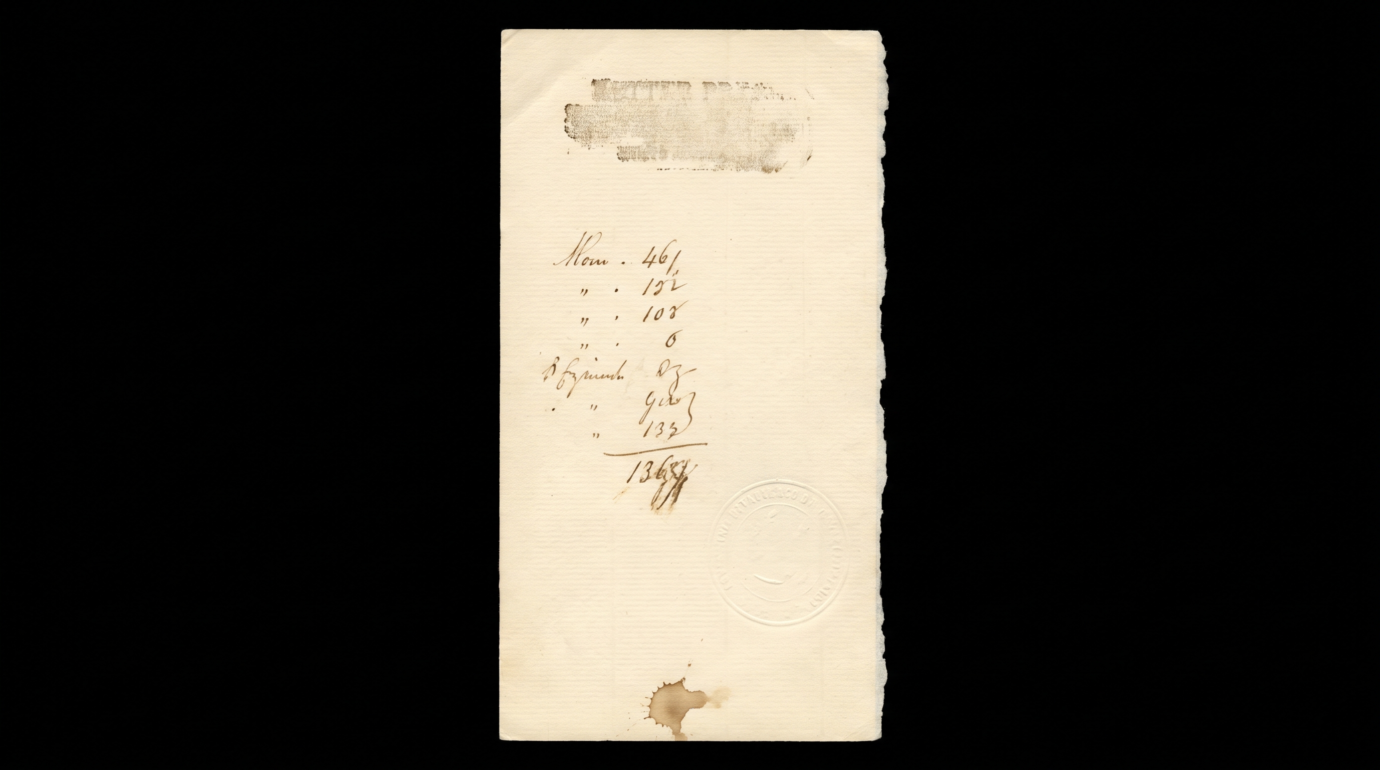 A customs or auction receipt, faded ink figures in a column, corners softened by handling.