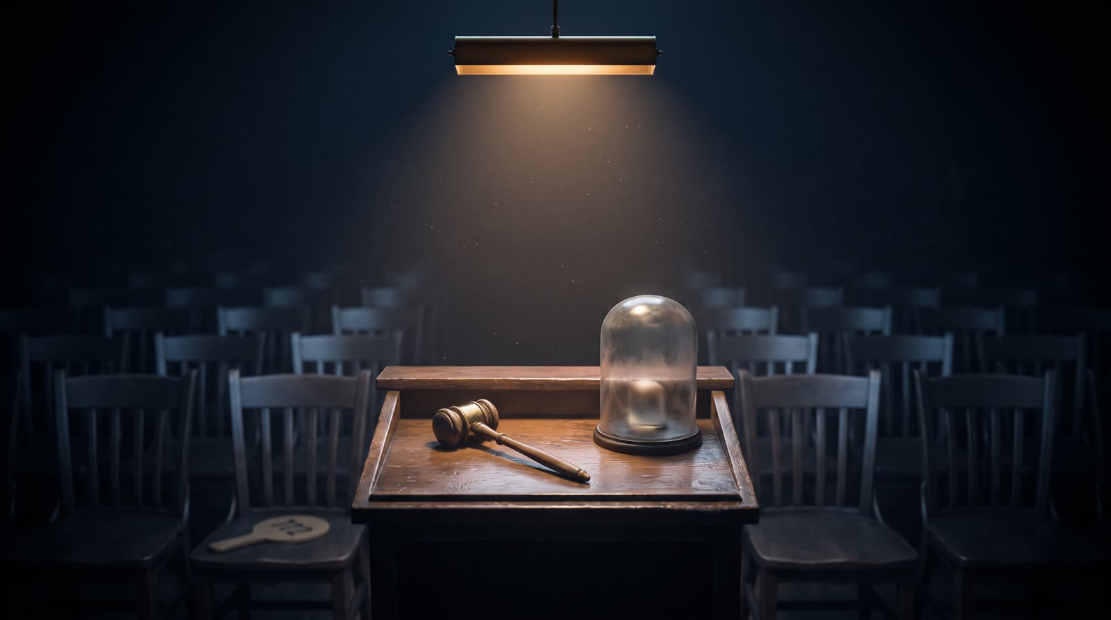 An auction podium in a vast dark hall, a gavel beside a bell jar containing an indistinct small object, one amber picture light, rows of empty chairs dissolving into blackness.