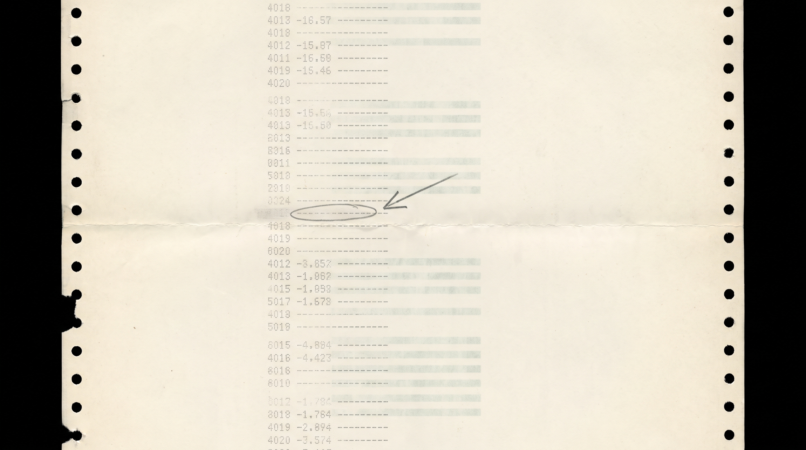A logbook page of orbital telemetry readings in tight pencil columns, ink faded at the fold.