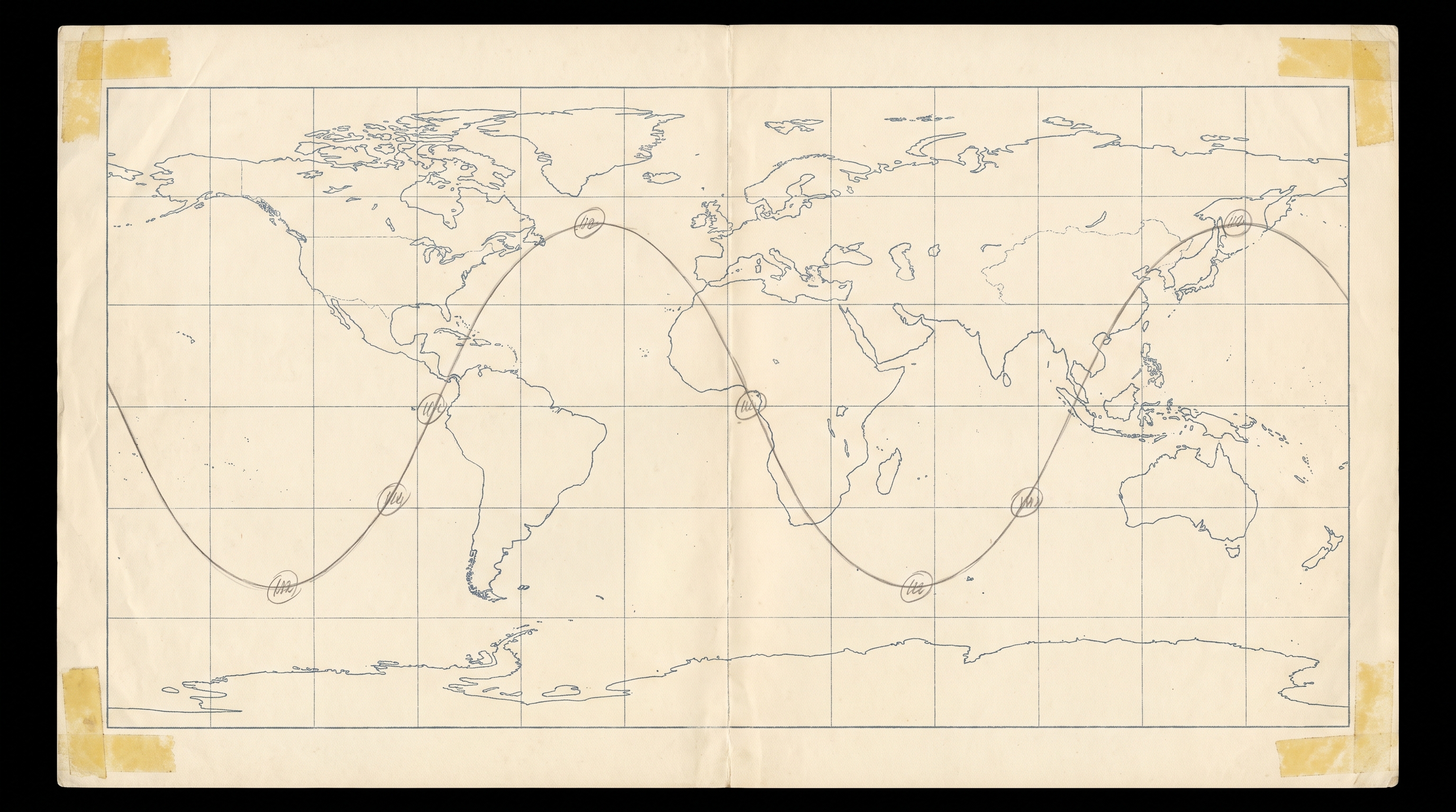 A frequency allocation chart annotated with a decaying orbital pass schedule, corners water-stained.