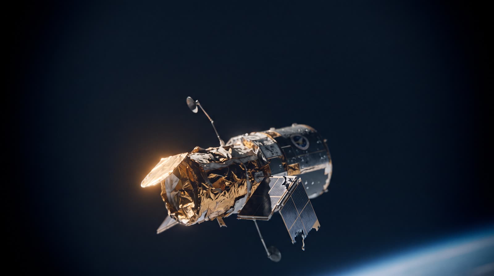 A decommissioned satellite drifting in black orbit, crinkled gold foil insulation catching one amber sun glint, a solar panel half in shadow, Earth's limb faint and blue far below.