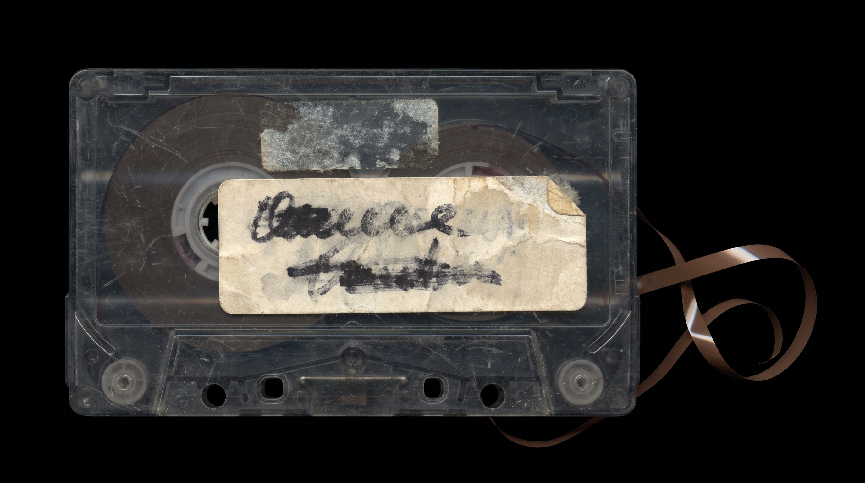 A cassette with a handwritten label, ink smeared, sitting on a stained paper backing.