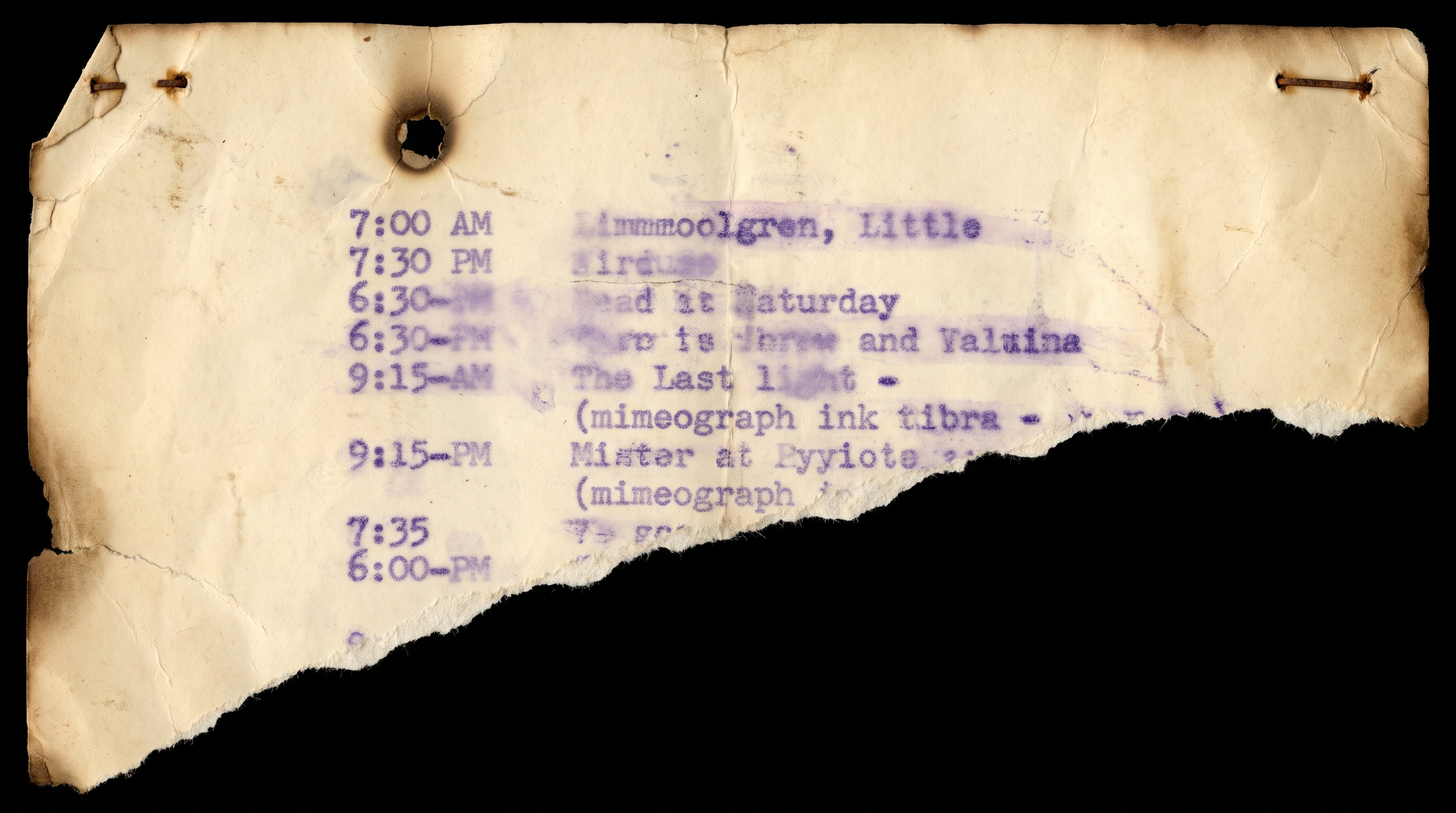 A torn broadcast schedule with faded ballpoint annotations along the margin.