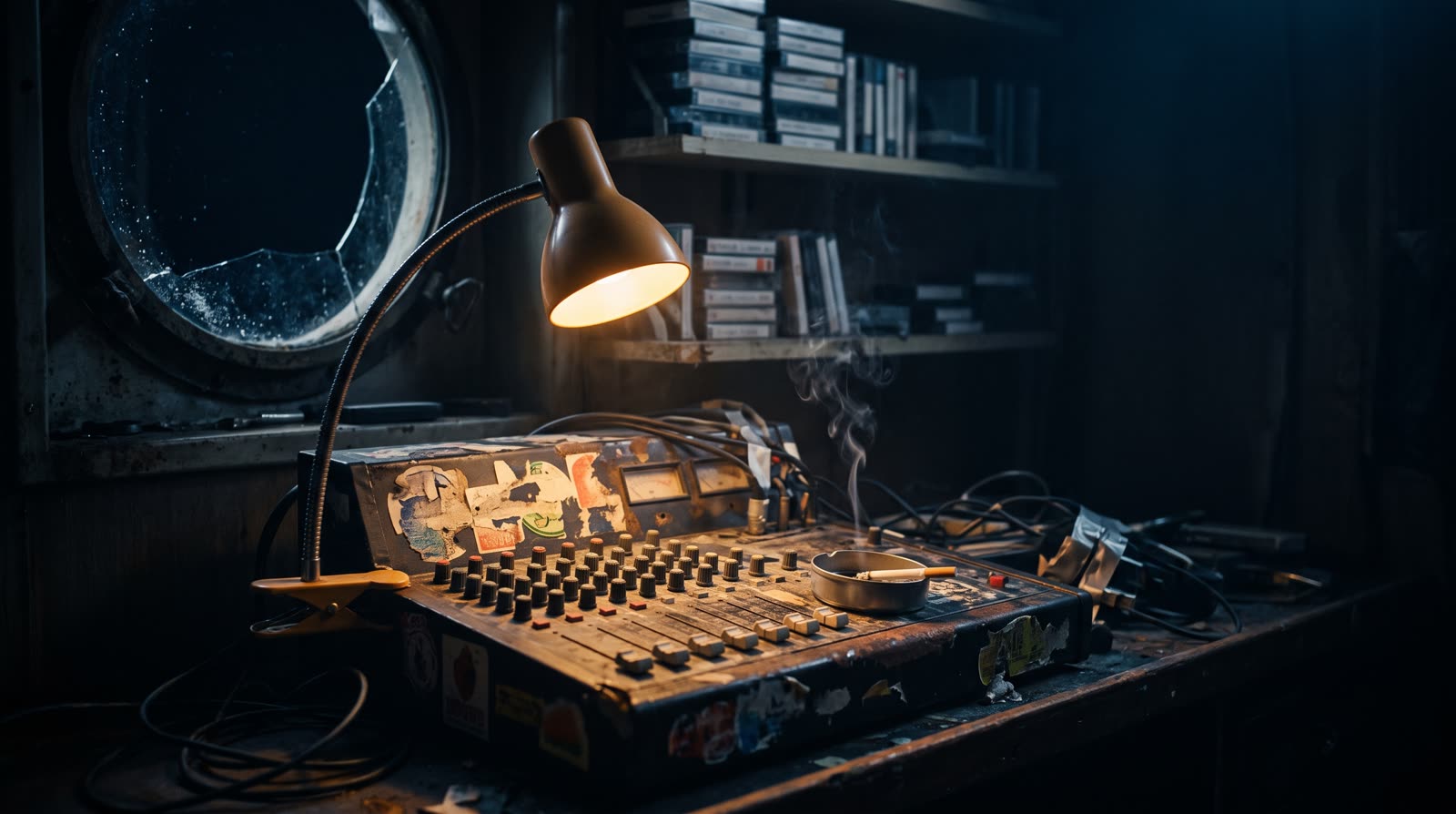 A cramped pirate-radio cabin aboard a rusting ship, a mixing desk covered in faded stickers, cassette shelves, a cigarette still smoking in an ashtray, an amber gooseneck lamp, night sea through a small window.