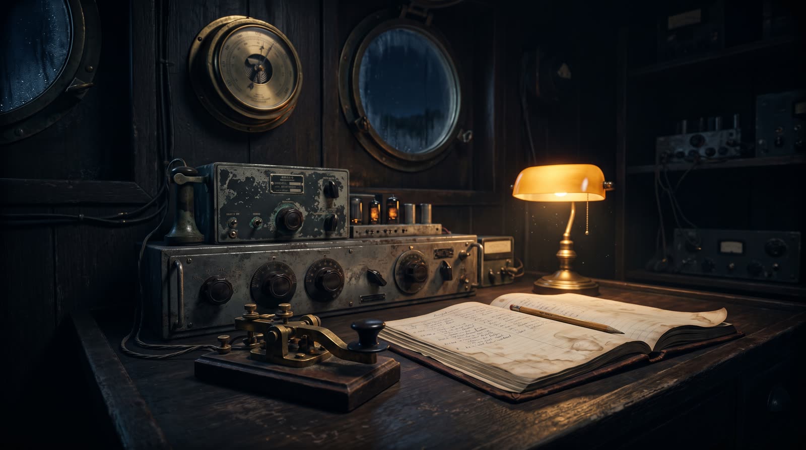 A weathered marine radiotelegraph console in a coastal station, brass and bakelite dials lit by a single amber lamp, a water-stained shipping logbook open beside a barometer, condensation on a dark porthole window behind.
